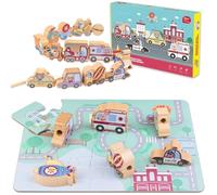 Jouet Montessori Eveil ducatif Enfant Bébé, 12 Perles Billes de Laçage de Voiture Animaux Bois avec Puzzles 15 PCS, Bloc Jeux