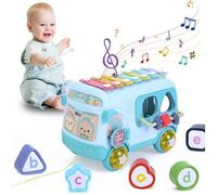 Jouet Musical Bébé Bus, Jouet Interactifs pour Enfant, Jouets d'activité Bébé Rampant avec Cube et Xylophone (Bleu)