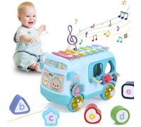 Jouet Musical Bébé,Jouet Bébé Bus avec Cube et Xylophone,Jouet Interactifs pour Enfant,Cadeau de bébé 1 ans(Bleu)