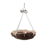 Jouet nid d’Oiseau en rotin, balançoire Suspendue avec Trois clochettes à chaîne, Accessoire de Cage en rotin et Herbe à mâcher pour perroquets et Petits Oiseaux, Brun, diamètre