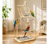 Jouet Perroquet, Support en Bois avec Godets INOX et Accessoires de Jeu | Perchoir Perroquet Échelle et Balançoire Incluses, Plateau Métallique Amovible, Notice Montage, pour Perruches, Calopsittes
