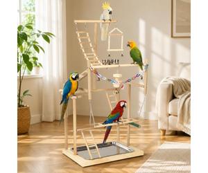 Jouet Perroquet, Support en Bois avec Godets INOX et Accessoires de Jeu | Perchoir Perroquet Échelle et Balançoire Incluses, Plateau Métallique Amovible, Notice Montage, pour Perruches, Calopsittes