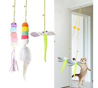 Jouet pour Chat Accroché à La Porte 2m Jouets à Plumes Simulation, 3Pcs Cataire Jouet Chat Interieur Élastique, Réaliste Jouet à Plumes pour Chats Suspendre avec Cloche, Jouets interactifs pour Chats