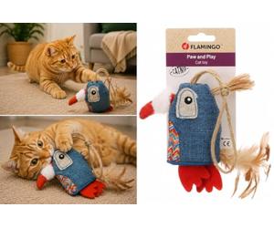 Jouet pour Chat - Flamingo Robla Oiseau Multicolore en Tissu avec Plumes, Rubans et Catnip 32,5cm