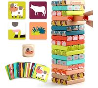 Jouet Tour De Blocs Empilables Colorés Et Animaux En Bois Pour Enfant De 4 5 6 7 8 Ans, 4 En 1 Jeux À Empiler Pour Garçon Et Fille 3 Ans, Cadeau Avec 51 Pièces[Z1564]