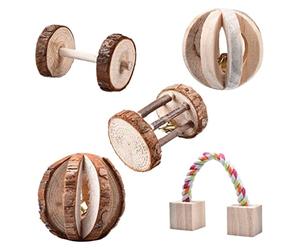 Jouets à mâcher en Bois pour Hamster, 5 pièces, pin Naturel pour Lapins, Rat, Petits Animaux, haltères, monocycle, Cloche, Jouet à roulettes