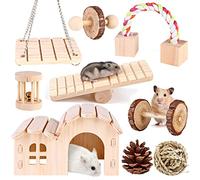 Jouets à Mâcher pour Hamster, 9 Pièces Jouet de Hamster, Jouets à Croquer Naturel pour Petits Animaux, Maison en Bois pour Hamster , Jouet Molaire pour Hamster Cobaye Écureuil Chinchilla