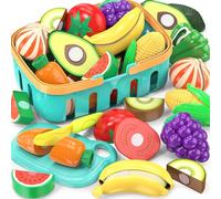 Jouets Aliments pour Enfants pour découper et Jouer, Accessoires factices de dînette, Ensemble de Faux Fruits/légumes avec Panier de Rangement, Planche et Couteau en Plastique, Cadeaux d'anniversaire