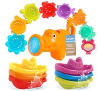Jouets de Bain Bébés, Jouet Bain Bebe 1 an, 15 Pièces Jeux de Bain Enfant 1 2 3 Ans, Tasses à empiler et Bateaux, Anniversaire Cadeaux de Noël pour 6-12 Mois Garçons Filles
