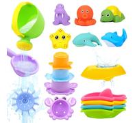 Jouets de Bain pour Tout-Petits de 1 à 4 Ans - 16 pièces sans moisissure avec arrosoir, Bateaux, Jouets à Presser et Tasses empilables - Jouets de Piscine Amusants pour Enfants, garçons et Filles