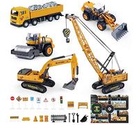 Jouets de Chantier Moulés sous Pression pour Enfants avec Grue à Tapis, Pelleteuse, Chargement de Roue, Rouleau de Route, Chariot élévateur et Sifflet à Neige pour Garçons