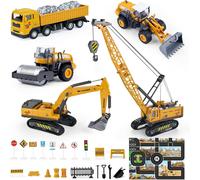 Jouets De Chantier Moulés Sous Pression Pour Enfants Avec Grue À Tapis,Pelleteuse,Chargement De Roue,Rouleau De Route,Chariot Élévateur Et Sifflet À Neige Pour Garçons