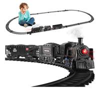 Jouets De Circuit Train Electrique avec Fumé, Lumières et Son, Jouet de Train à Vapeur Télécommande avec Wagons de Fret et Voies