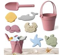 Jouets de plage en silicone, 11 pièces/ensemble de jouets sable qualité alimentaire coloré en silicone avec sac en filet comprenant une pelle, un seau, des moules à sable et une boîte étanche d