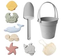 Jouets de plage en silicone, jouets de sable pour enfants, 8 pièces plage en silicone sûre avec pelle, seau et moules à sable, boîte étanche pour les voyages d'été en plein air, gris pour un usage