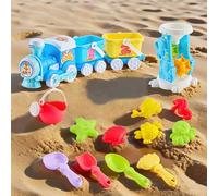 Jouets de Plage pour Enfant 15 Pièces Jouets de Sable de Voyage avec Petit Train, Roue à Eau, Tamis à Sable, Moules d'Animaux et Pelles, Kit de Bac de Sables Extérieur pour 2 3 4 5 6 an Garçons Filles