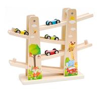 Jouets de Rampe de Voiture en Bois avec 4 Voitures Rampe de Course en Bois Toboggan de Voiture Zig Zag Voiture Rampe Jouet en Bois pour 1 2 Ans Cadeaux