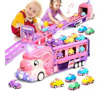 Jouets de voiture pour petite fille de 2, 3, 4, 5, 6, 7 ans, camion licorne et piste de course pliable avec lumière et son, voitures à friction avec 9 voitures de princesse, cadeau d'anniversaire pour