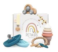Jouets d'éveil bebe 3-36 mois - Coffret Cadeau Naissance - 5 Jeux Montessori en Bois & Silicone: 1 Set de Jouets de Bain, 1 Tour à Empiler, 1 Anneau de Dentition, 1 Voiture en Bois + 1 Attache Sucette
