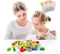 Jouets en bois perlés 42 pcs animaux et fruits enfiler la corde gros granulés en bois puzzle d'enseignement précoce entraînement de concentration cadeaux pour enfants garçons et filles 2 3 4 ans (A1)