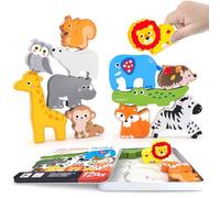 Jouets en bois pour tout-petits, 12 chiffres d'animaux de safari, jouets empilables assortis pour garçons et filles, jouets éducatifs d'apprentissage cadeaux pour enfants (Safari)