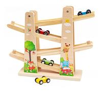 Jouets en Bois Rampe de Course Voiture Garage | Toboggan de Voiture Zig Zag | Piste de Course en Bois avec 4 Voitures Jouets Cadeaux d'anniversaire pour Tout-Petits Garçon(Forest)