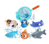 Jouets Finding Nemo, 7 pièces jouets de bain pour bébé tout-petit animaux marins flottants mignons avec filet de pêche jouet de bain à jet d'eau poisson cadeau pour âge 3+ garçon fille baignoire