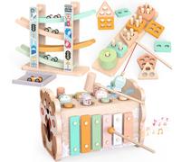 Jouets Montessori en Bois pour Enfants 1-3 Ans, Jeu à Marteler avec Xylophone & Pêche, Circuit de Voitures, Blocs Empilables & Boîte à Formes, Set Éducatif 3-en-1 pour Bébé dès 1 an (Naturel)