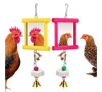 Jouets pour poulailler pour poules - Jouets interactifs d'enrichissement de poulet avec balle picorante, roue colorée et griffoir, balançoire en bois naturel et silicone (rouge + jaune)