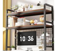 JOUFNING 2 Couches Industriel Bibliothèque De Bureau - Support De Rangement De Bureau en Métal Et Grille MDF, Étagère De Comptoir Polyvalente, Support De Rangement De Bureau Autonome(75x20x98cm)