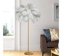 JOUFNING Lampadaire LED Haut, Lampadaire À Plumes avec Finition Dorée, Lampe sur Pied Moderne Et Épurée, Abat-Jour en Plumes D'autruche, Lampe Palmier, pour Chambre