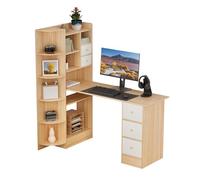 Joukares Bureau d'Ordinateur en L Avec Bibliothèque, Étagères de Rangement et Tiroirs - Table d'Étude pour Chambre à Domicile