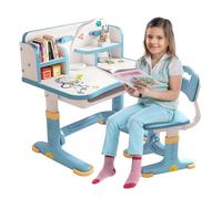joukares Ensemble bureau et chaise fonctionnels pour enfants, table ergonomique réglable en hauteur avec motif dessin animé, support de livre et tiroir de rangement Bleu