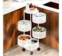 joukares Étagère rotative à 3/4/5 niveaux, étagère de rangement à 360°, chariot de rangement sur roulettes avec maille creuse, chariot pour épicerie, maïs, pommes de terre (blanc) (cinq couches)