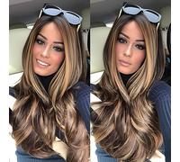 JOUKAYEA Perruque longue ondulée ombrée blond miel marron pour femme blanche et noire, perruque de cheveux synthétiques ondulés, racines foncées, aspect naturel réaliste, mèches blondes sexy