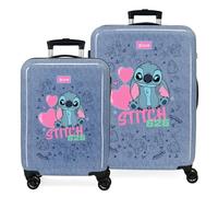 Joumma Disney Stitch Hearts Ensemble de valises Bleues 55/65 cm Rigide 6 kg Fermeture à Combinaison latérale ABS 6 kg 91L Bagage à Main