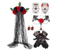 Jour de la coiffure du collier mort | Gants en dentelle Veil Boucles d'oreilles Collier Costume Decoration | Day of the Dead Costume, pour les femmes adultes cosplay Masquerade Stage Performance Party