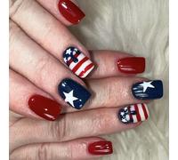 Jour de l'Independance Jour de l'Indépendance Faux ongles courts carrés Designs Étoiles brillantes 24 pièces à presser sur les ongles Manucure pour femmes et filles Décorations d'ongles