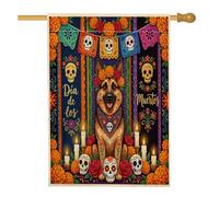 Jour des morts berger allemand avant cour arrière lin maison drapeaux verticaux 71,1 x 101,6 cm double face pour extérieur, fleurs tête de mort, drapeau à motif gothique pour la maison et l'extérieur
