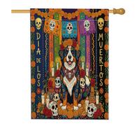 Jour des morts Bouvier Bernois Avant Cour Arrière Jardin Drapeaux Vertical Maison en Lin 71,1 x 101,6 cm Double Face pour Extérieur, Fleurs Crâne Imprimé Drapeaux à Motif Gothique Maison Extérieur