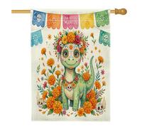 Jour des morts Brachiosaure avant cour arrière maison drapeaux verticaux en lin 71,1 x 101,6 cm double face pour l'extérieur, drapeau imprimé tête de mort floral, drapeau mignon pour la maison et