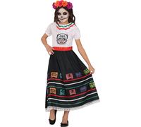 Jour des Morts Catrina Enfants Costume d'Halloween Plein de couleurs Fleur magique, Taille : 110/116 Couleur : Blanc / Noir