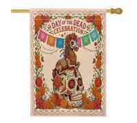 Jour des morts chevaux avant cour arrière maison drapeaux verticaux en lin 71 x 101,6 cm double face pour extérieur, tête de mort, drapeau imprimé bohème, maison extérieure