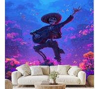 Jour Des Morts Crâne Papier Peint Exotique Ethnique Squelette Guitare Papier Adhesif Fleurs Coloré Fantastique Autocollant Mural 150x105 cm Poster Mural pour Chambre Salon