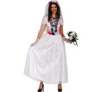 Jour des Morts Mariée Halloween Costume Fleurs Voile Squelette Design Accessoire Vêtements de Fête Mardi Gras Blanc, Taille : 42 - 44 (L) Couleur : Blanc