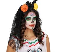 Jour des Morts Serre-tête avec Voile Fleurs colorées Coiffure d'Halloween Ornements noirs Couronne de fleurs Coiffure festive Coloré, Couleur : Noir