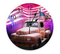 Jour du Drapeau Américain, Jour De L'Indépendance, Feux d'artifice Et Camions Vintage Ronde Pendule Murale Silencieuse Cuisine Horloge sans Tic-Tac Horloge Murale pour Salon Bar École 25cm
