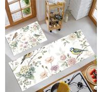 Jour du Printemps Chinois 2 Pièces Tapis de Cuisine, Antidérapant Absorbant,Bleu Clair Tapis de Coureur, Rose Chardonneret Imprimé Paillasson Cuisine, 44x70+44x120cm