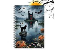 Journal à gothique pour Halloween, réunion, écriture | Carnet de notes fantôme avec motif chat noir citrouille, chauve-souris, château, pour le bureau, l'université, le travail