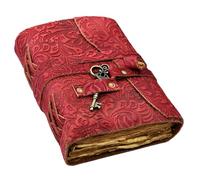 Journal de voyage en cuir gaufré avec clés antiques et pages vintage faites à la main - Carnet de croquis en cuir - Carnet d'ombres grimoire en cuir (rouge, 25,4 x 17,8 cm)